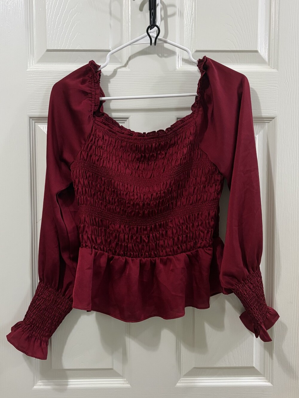 She + Sky Maroon Smocked Peplum Top Medium Off Shoulder Ruffle Long Sleeve